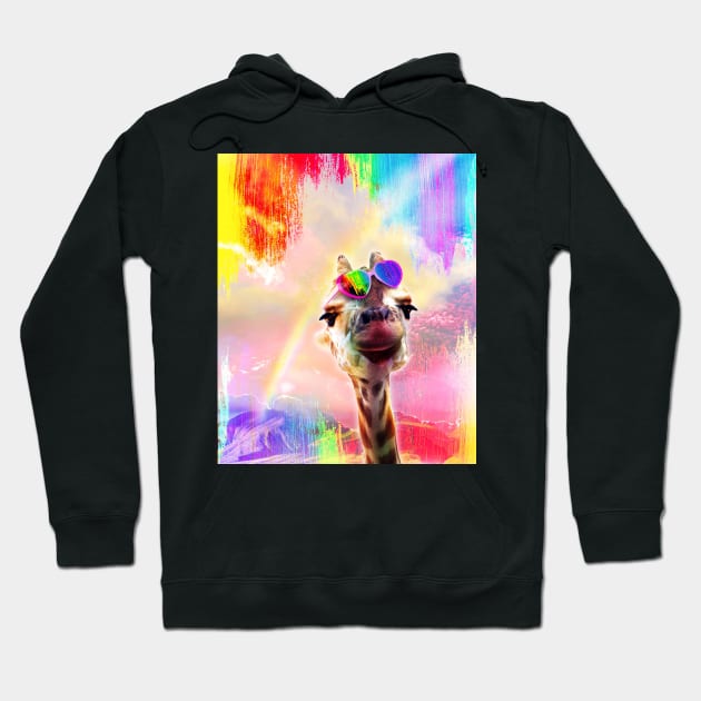 Rainbow Giraffe Wearing Love Heart Glasses Hoodie by Random Galaxy